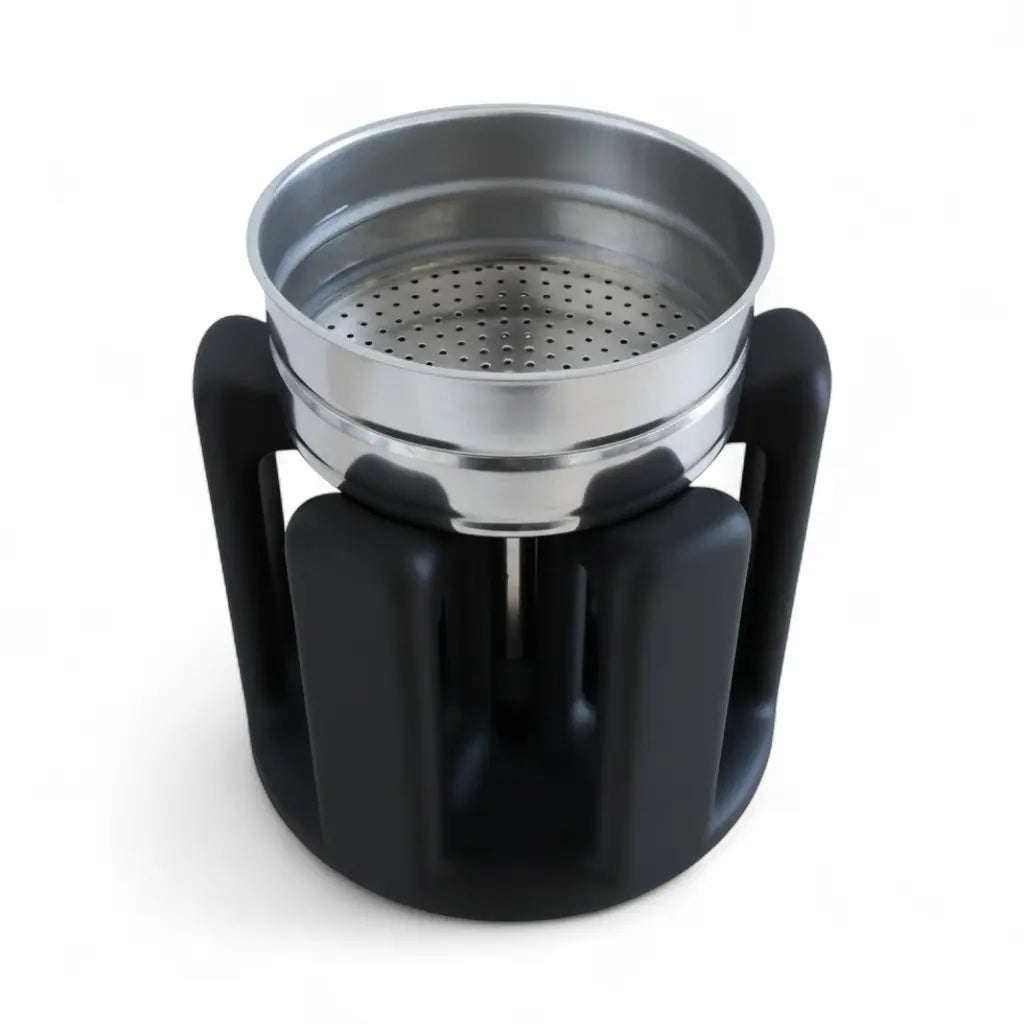 Funnel holder cradling a Bialetti Moka pot filter funnel upright on the counter