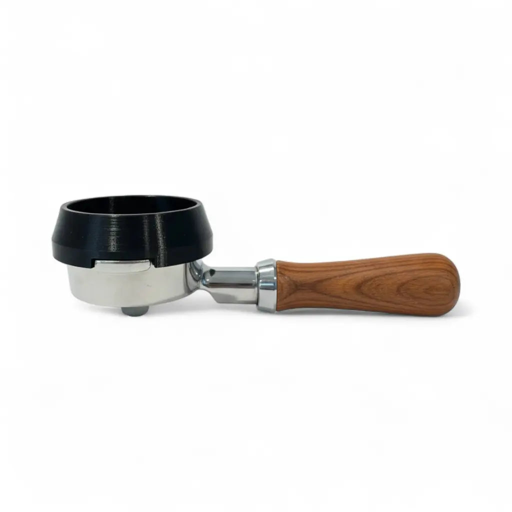 Dosing funnel sitting on a 58mm espresso portafilter basket rim