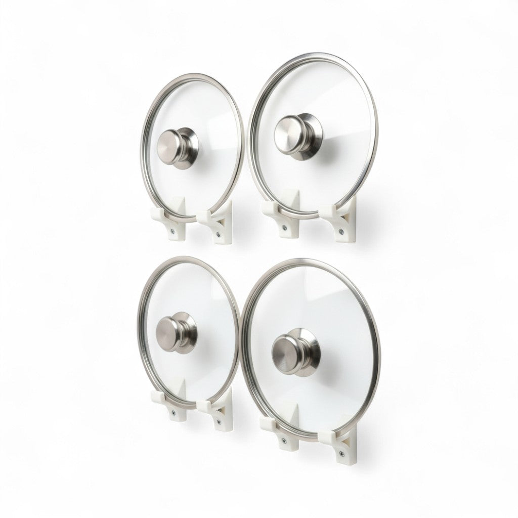 Wall mounted pot lid holder on a cabinet side holding a glass lid upright, view 2