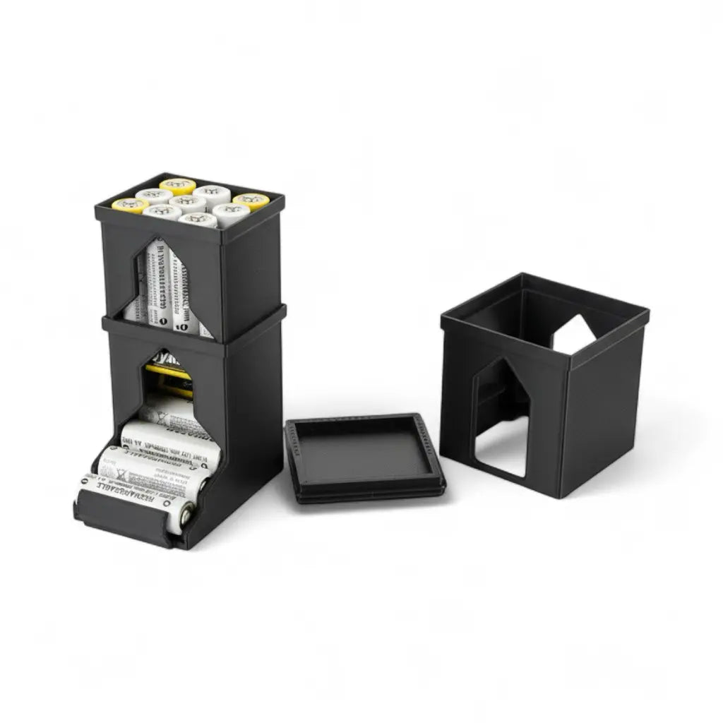 Stackable AA battery dispenser with a front opening that rolls out one battery, view 2