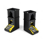 Stackable AA battery dispenser with a front opening that rolls out one battery