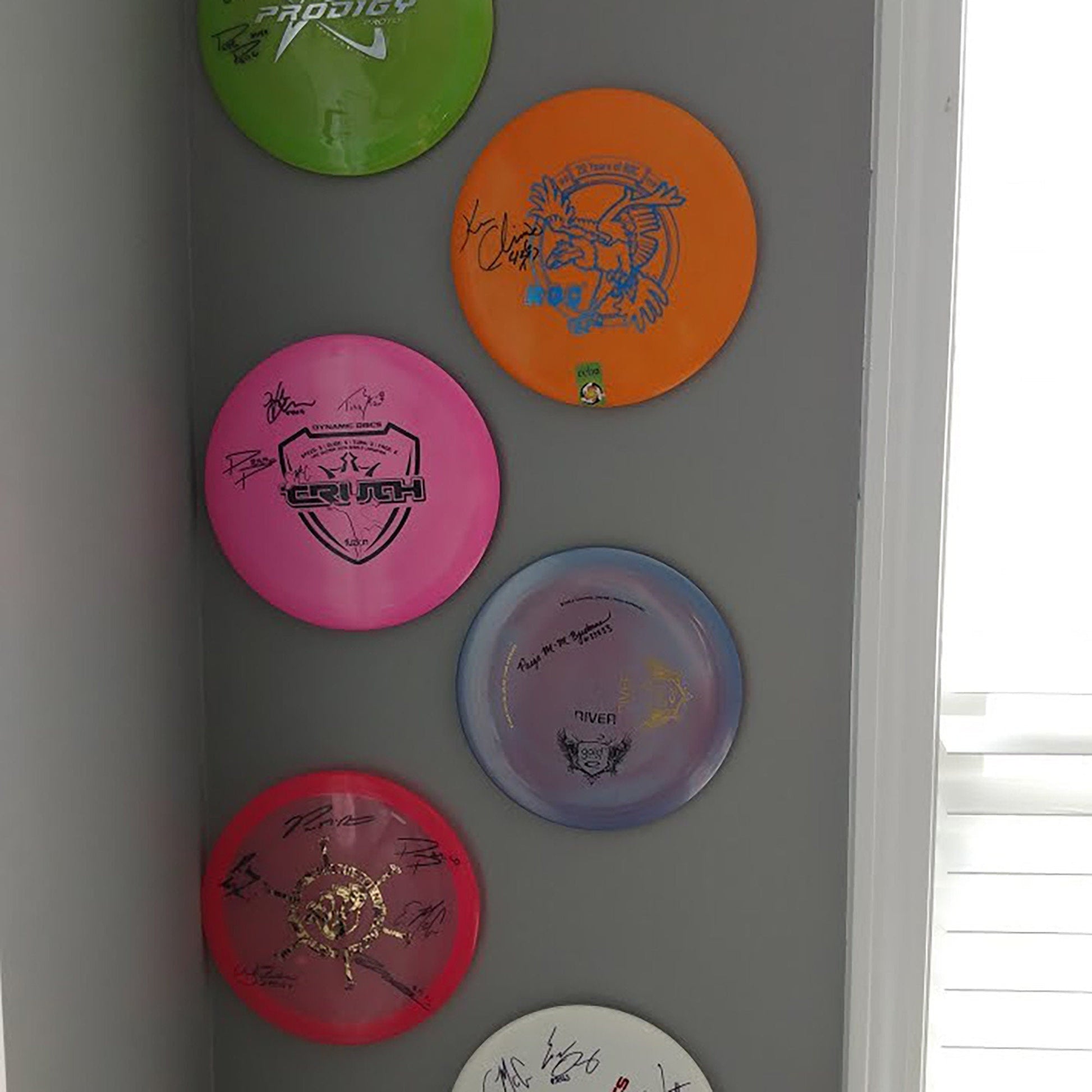 a bunch of frisbees that are on a wall