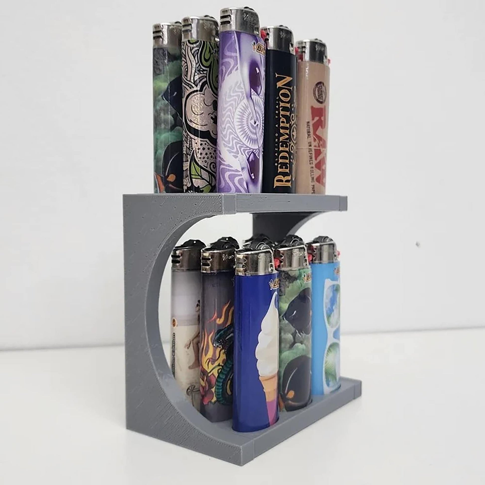 a display of various types of lighters on a shelf