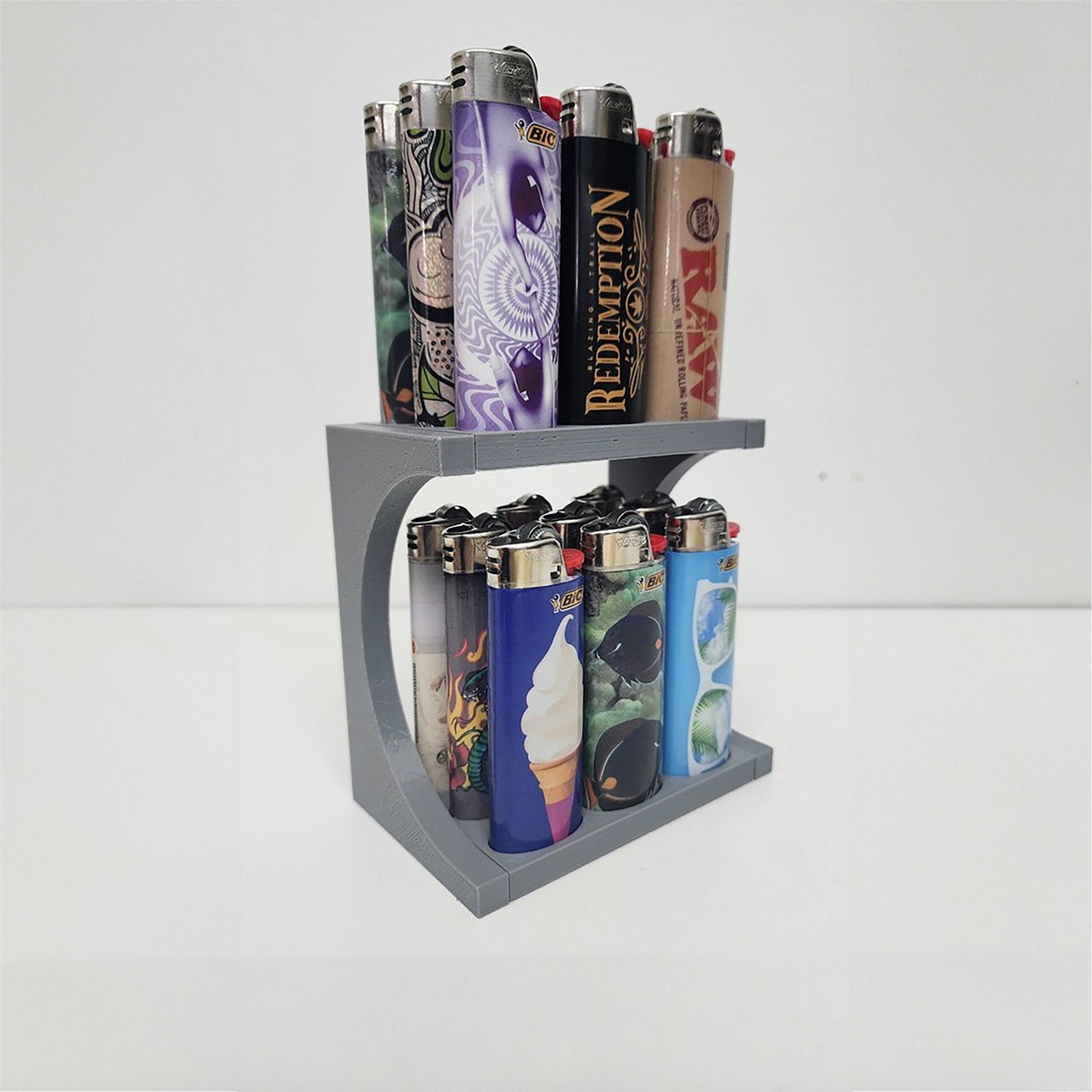 a couple of shelves that have some lighters on them