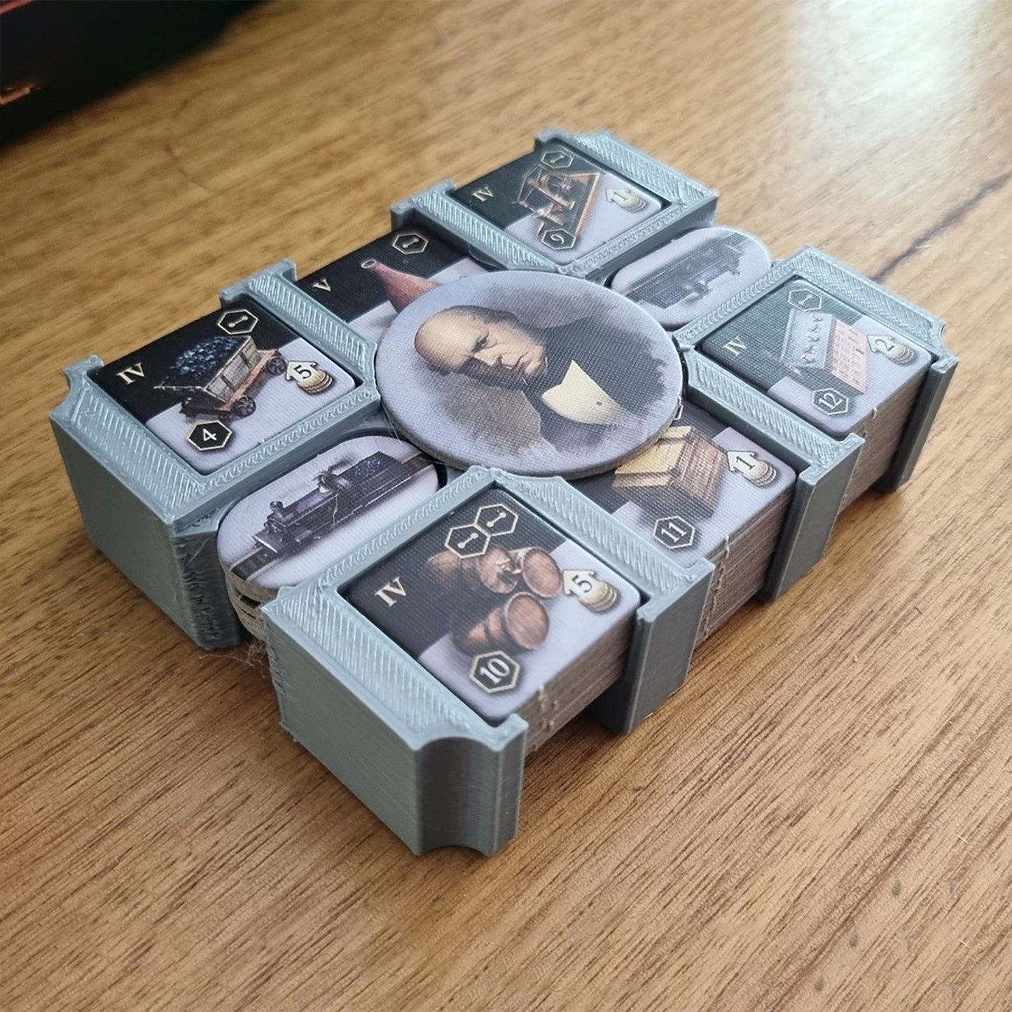 a bunch of cards sitting on top of a wooden table