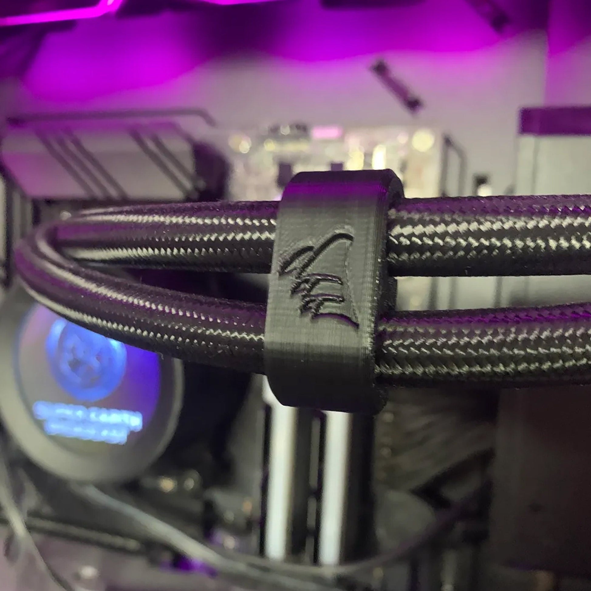 a close up of a purple and black computer