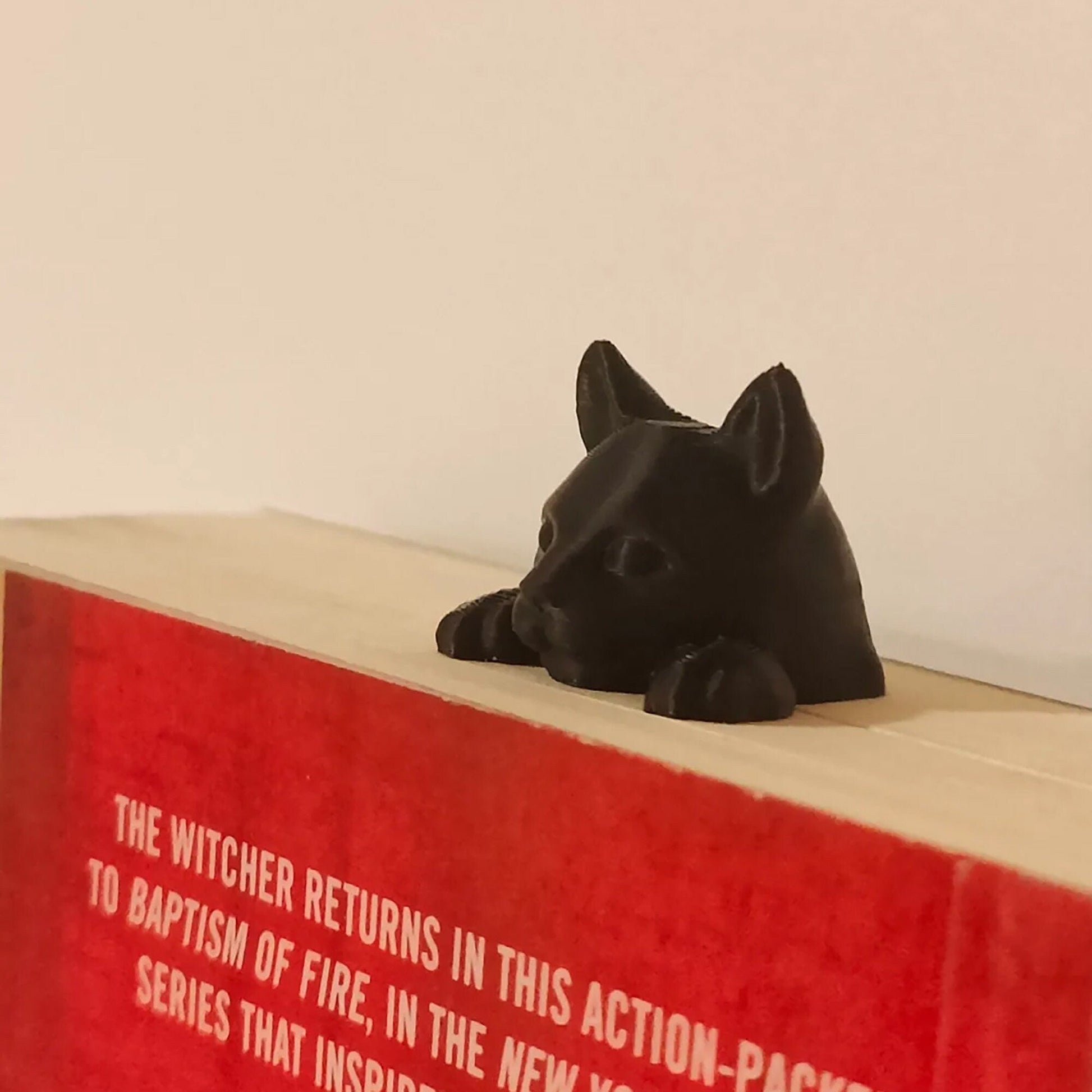 a black cat figurine sitting on top of a red book