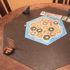 Player piece holder for Catan with slots for settlements, cities, roads and the cost card, view 2