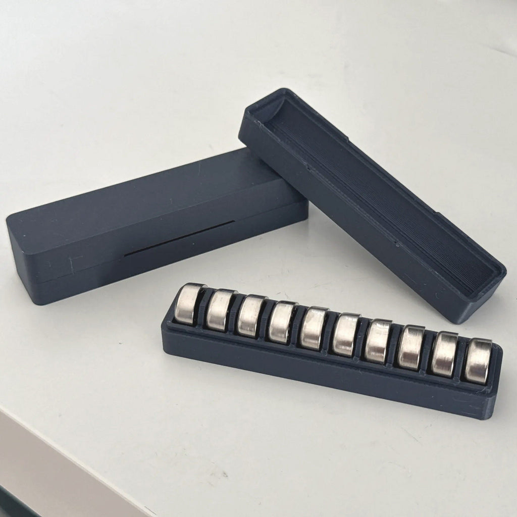 Button cell storage box with slotted insert holding LR44 batteries