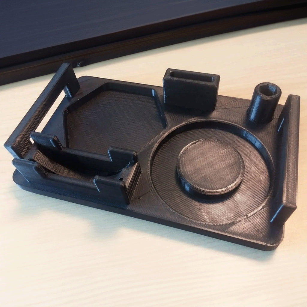 Storage caddy and drying stand holding AeroPress chamber, plunger, funnel and filter cap, view 2