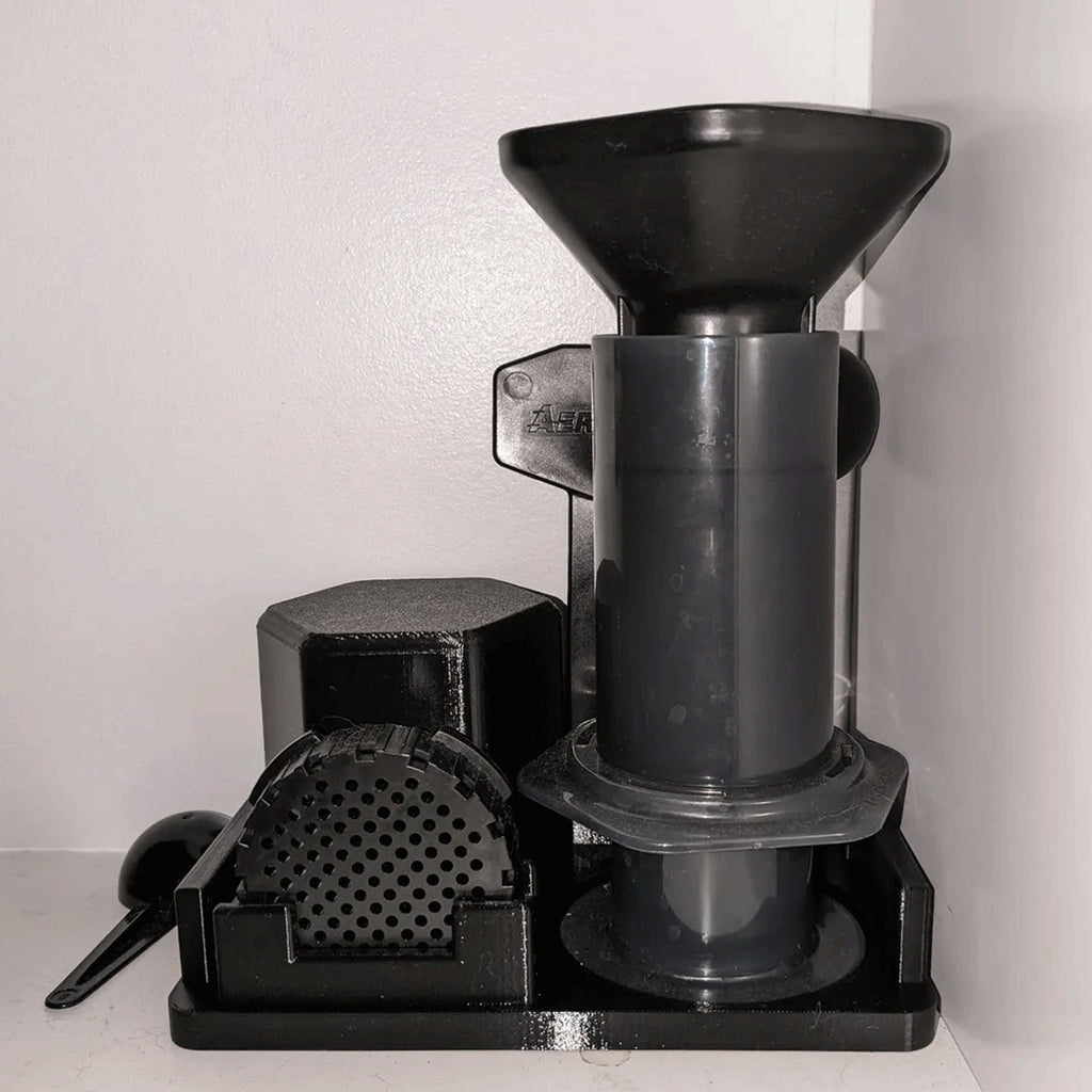 Storage caddy and drying stand holding AeroPress chamber, plunger, funnel and filter cap, view 4