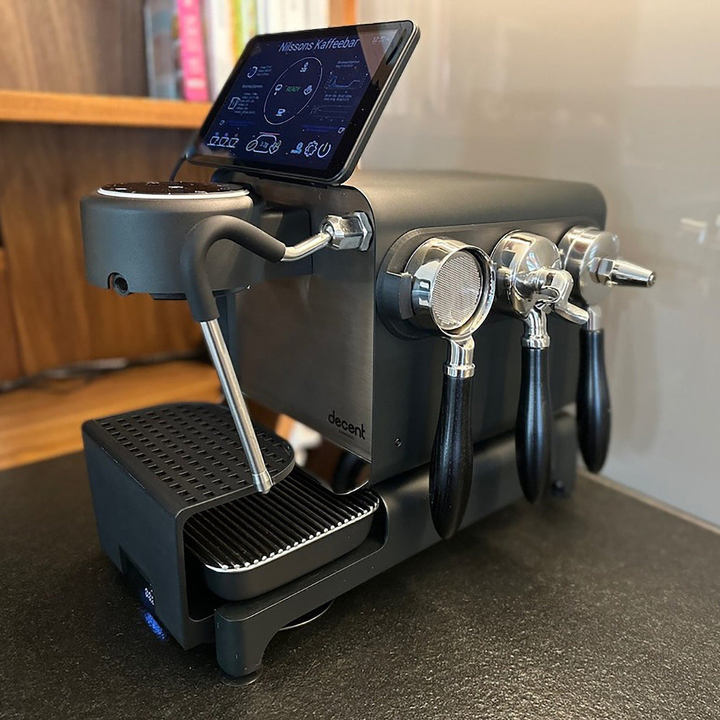 Triple portafilter holder mounted on the side of a Decent Espresso DE1XL machine, view 2