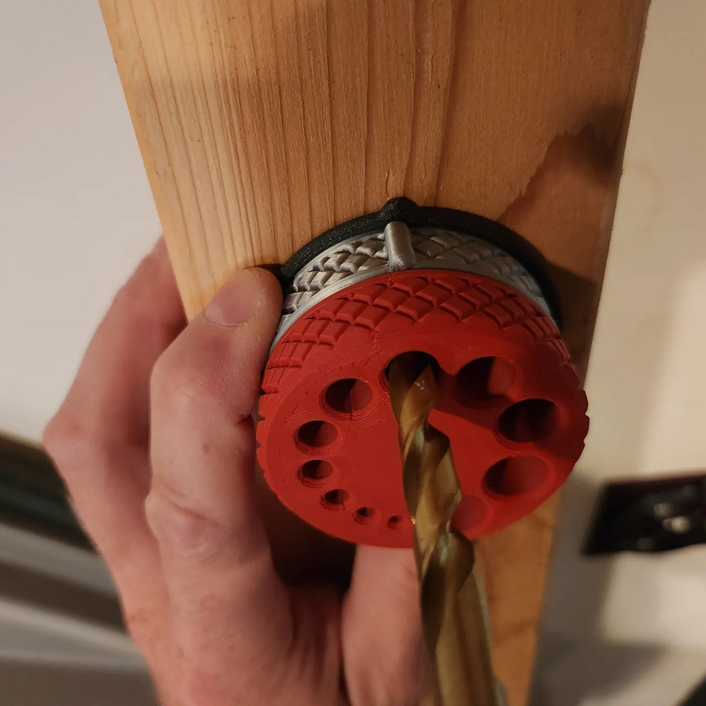 Drill guide and dust catcher disc for drilling straight holes in wood, view 2