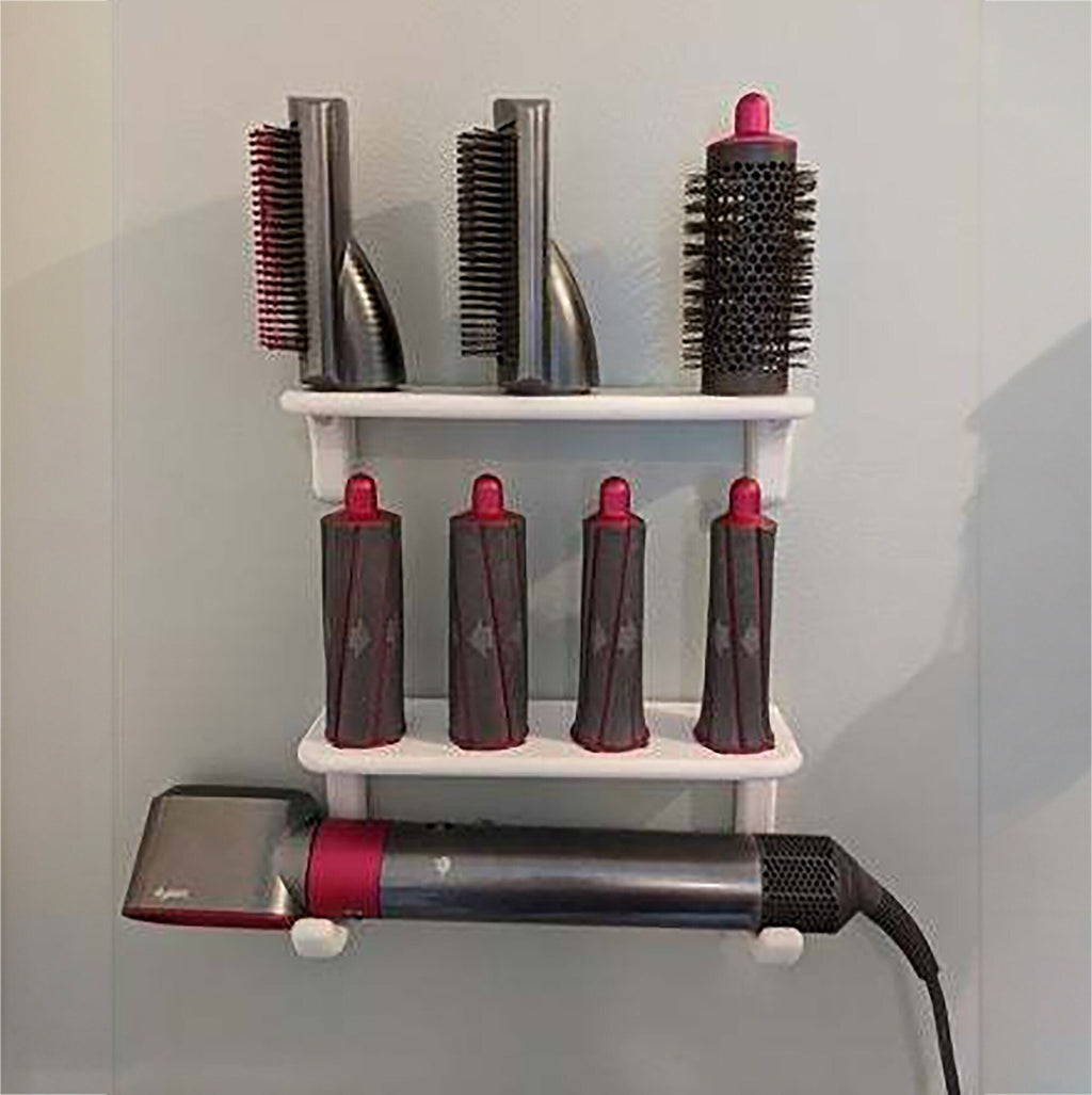 Two-shelf wall mount holder for Dyson Airwrap wand, curling barrels and brushes