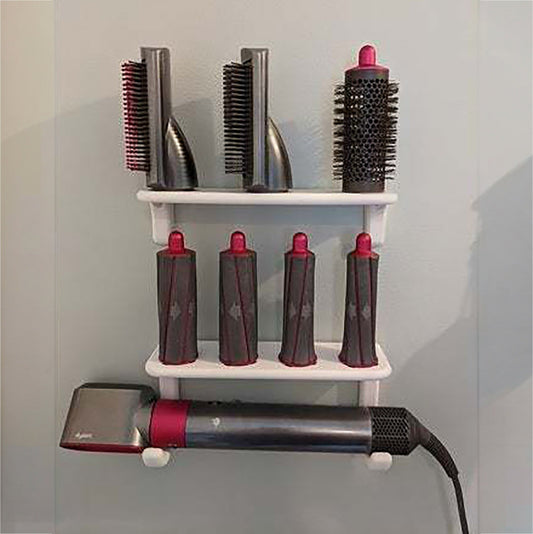 a shelf with a bunch of hair brushes on it