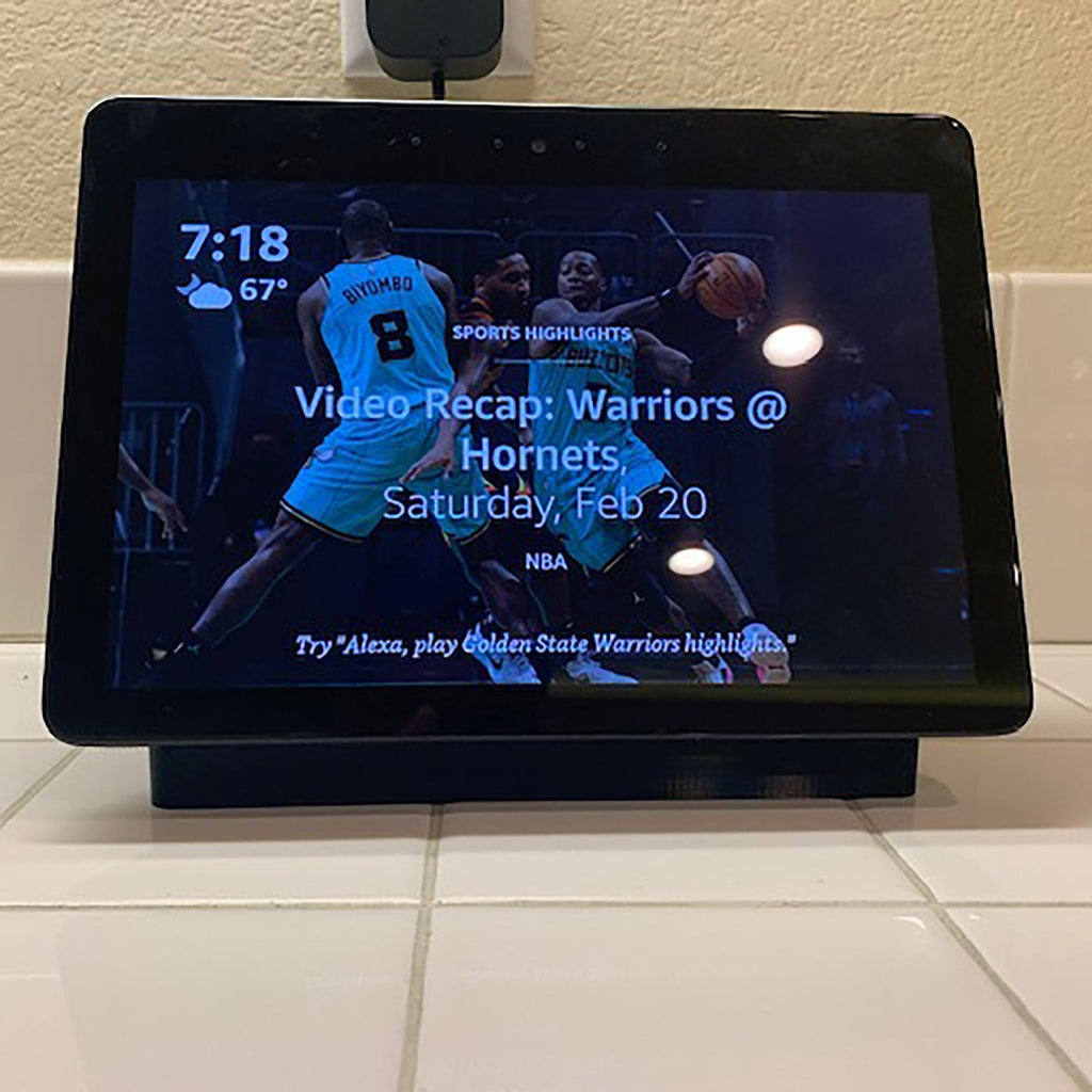 Stand with built-in cable storage under an Echo Show 10 2nd gen display, view 3