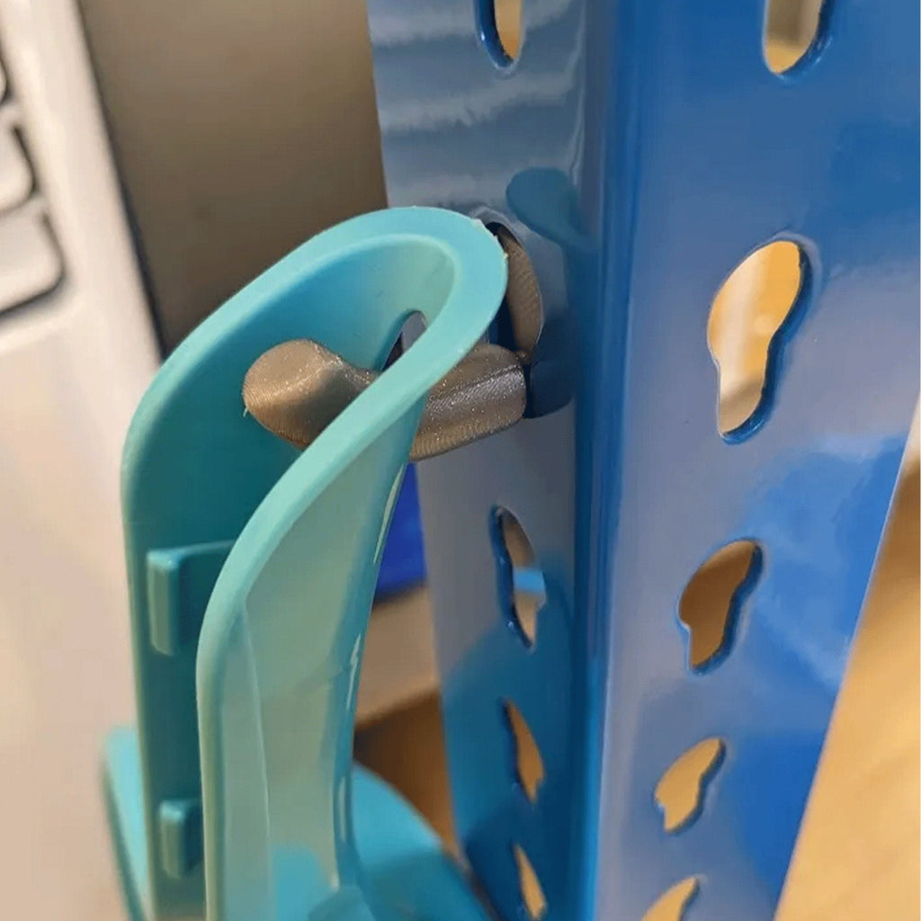 Slot-in storage hook for keyhole slots on boltless garage shelving, view 2