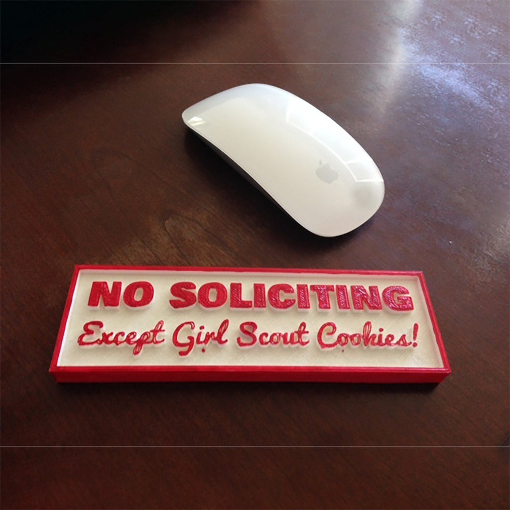 No Soliciting Except Girl Scout Cookies porch sign with raised lettering, view 2