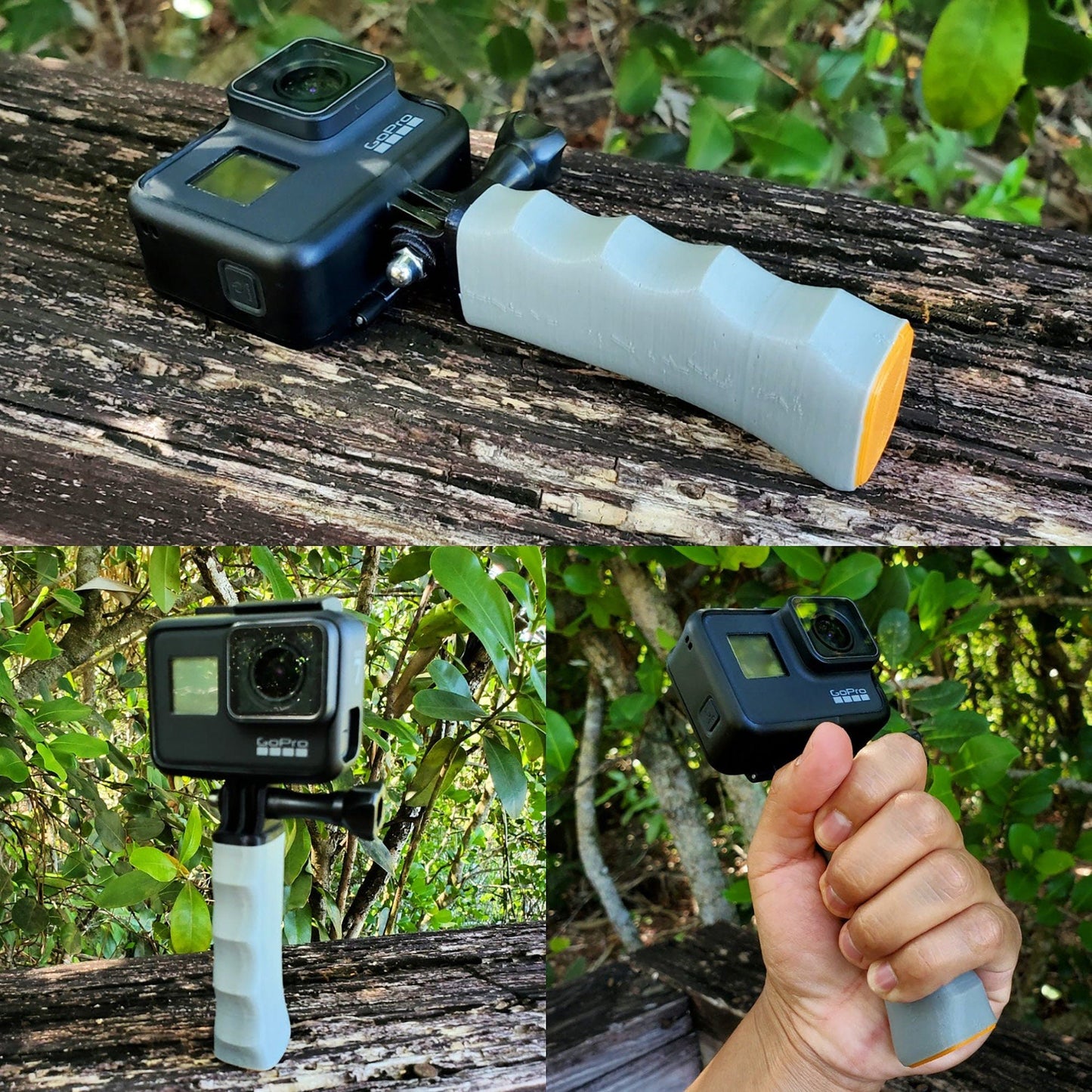 a hand holding a camera next to a wooden bench