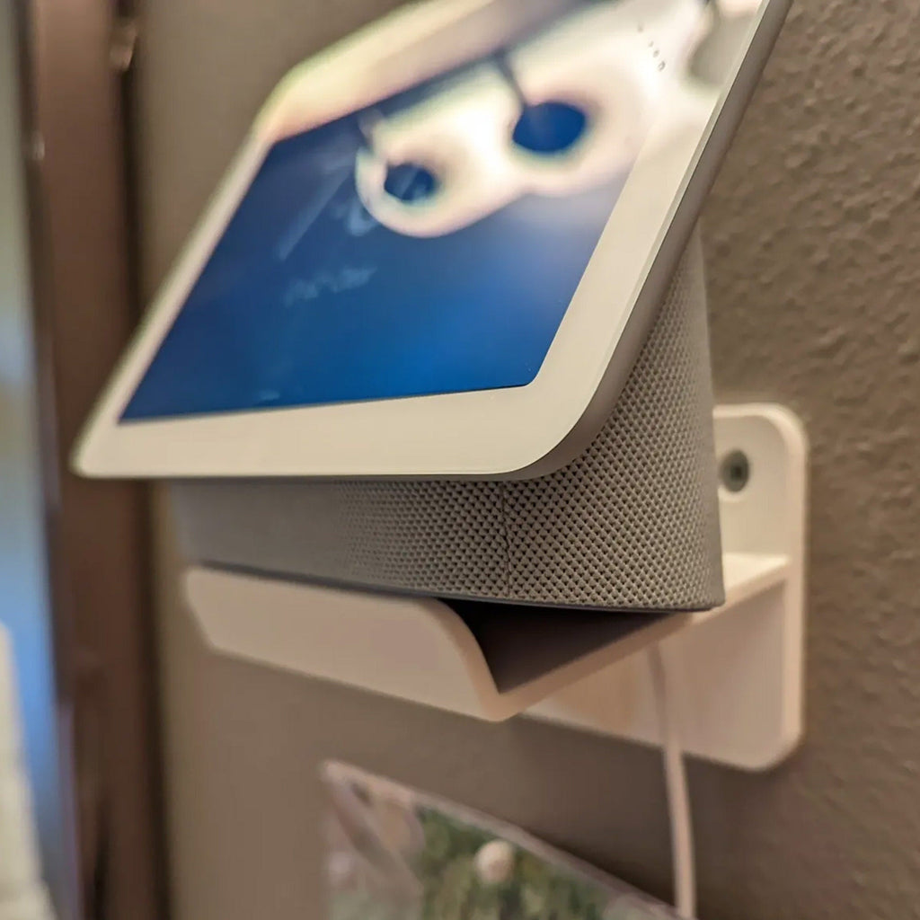 Wall mount bracket holding a Google Nest Hub smart display, view 5