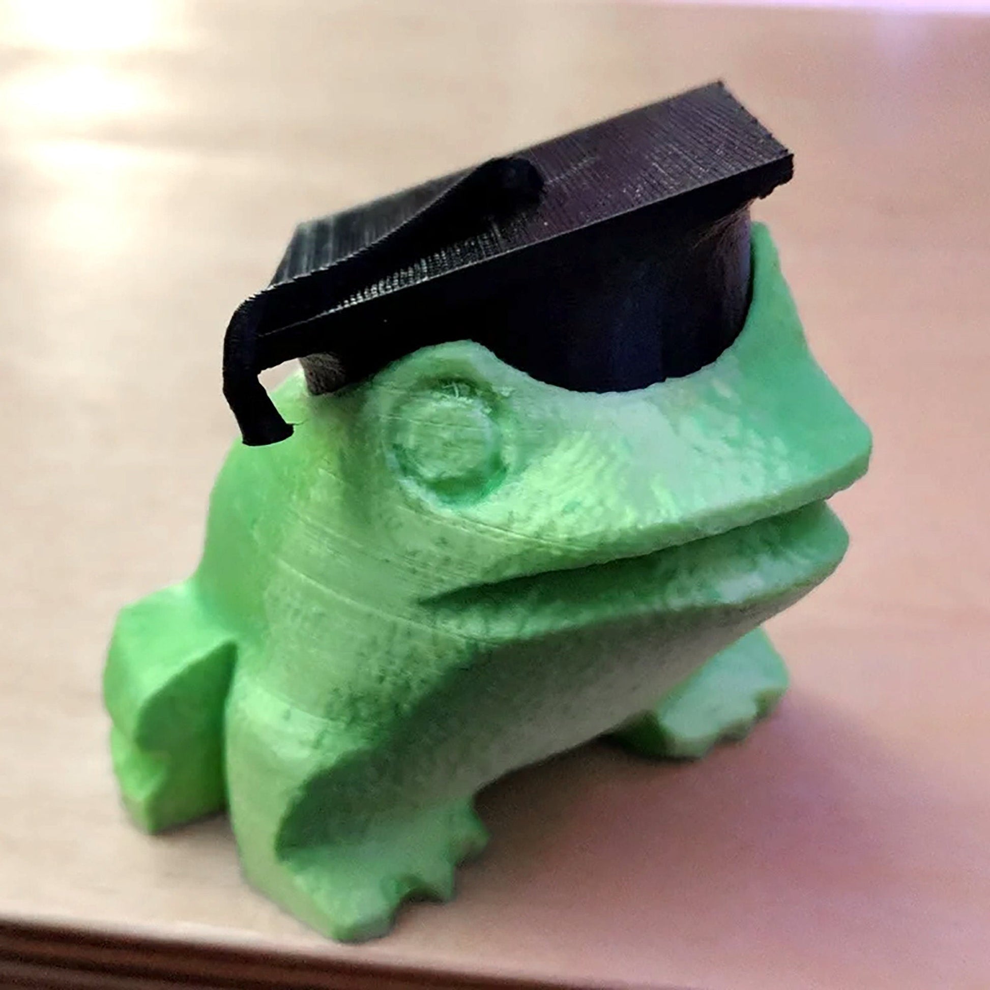 a green frog with a graduation cap on its head