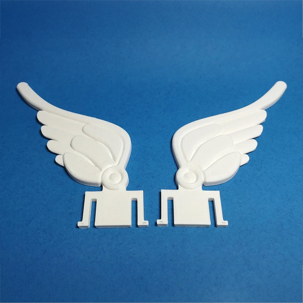 Pair of feathered clip-on wings on the sides of a construction hard hat, view 3