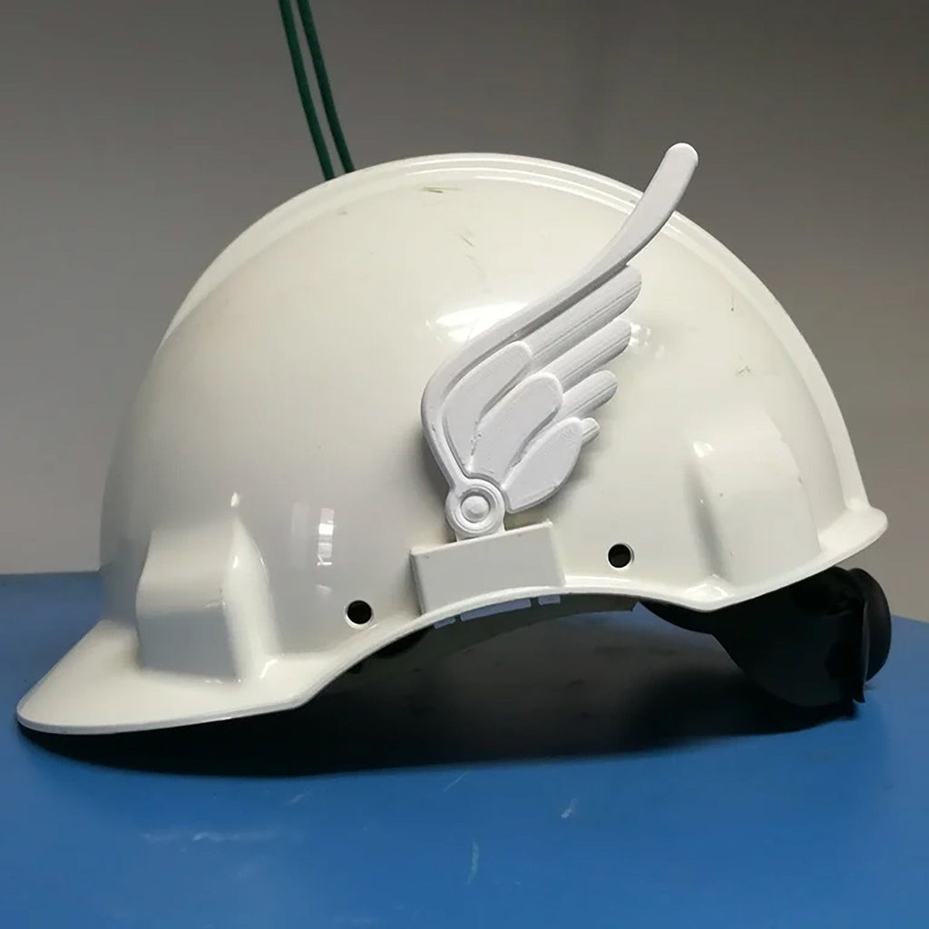 Pair of feathered clip-on wings on the sides of a construction hard hat, view 4