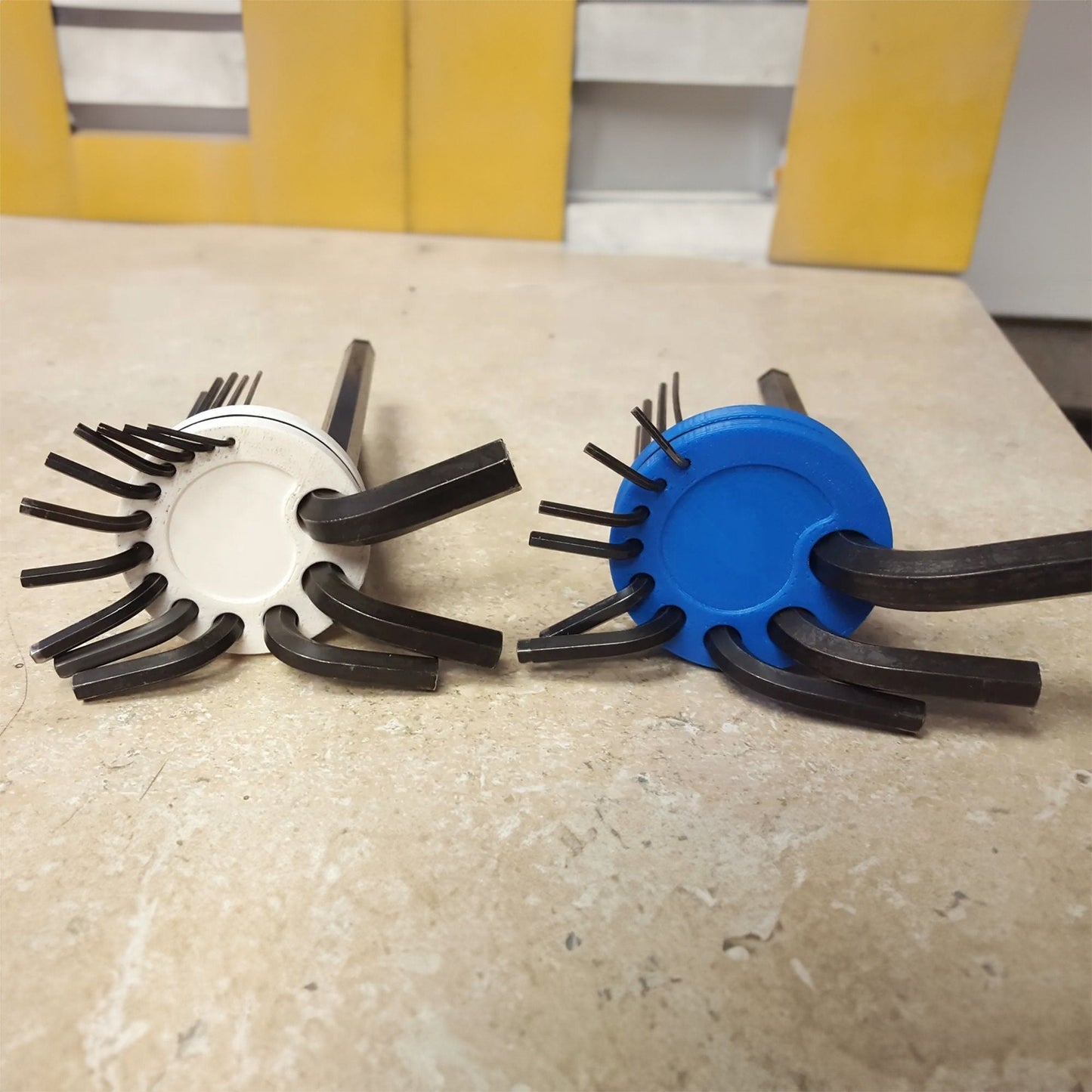 a couple of black and white objects sitting on top of a table