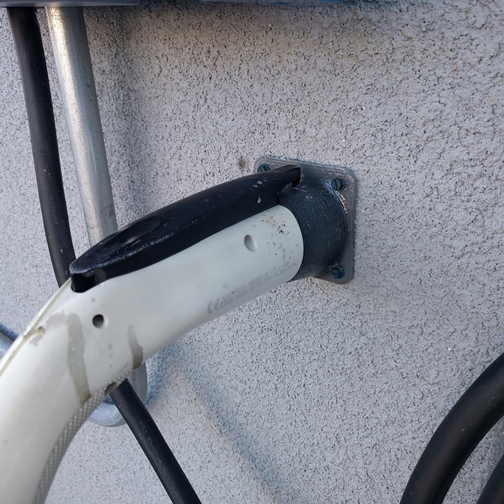 Wall mounted J1772 plug holder for Nissan Leaf and Tesla EV charging connectors, view 4
