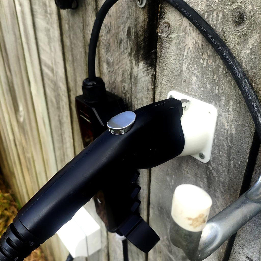 Wall mounted J1772 plug holder for Nissan Leaf and Tesla EV charging connectors