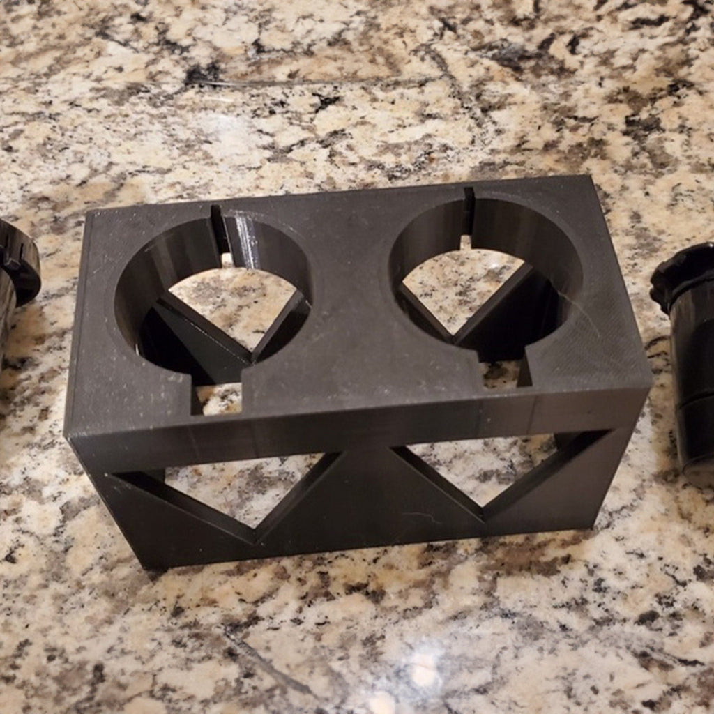 Pod filling stand holding two Keurig My K-Cup reusable filters upright, view 2