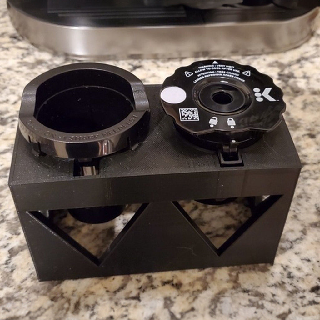 Pod filling stand holding two Keurig My K-Cup reusable filters upright