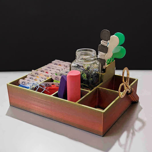 a wooden tray with a couple of jars on it