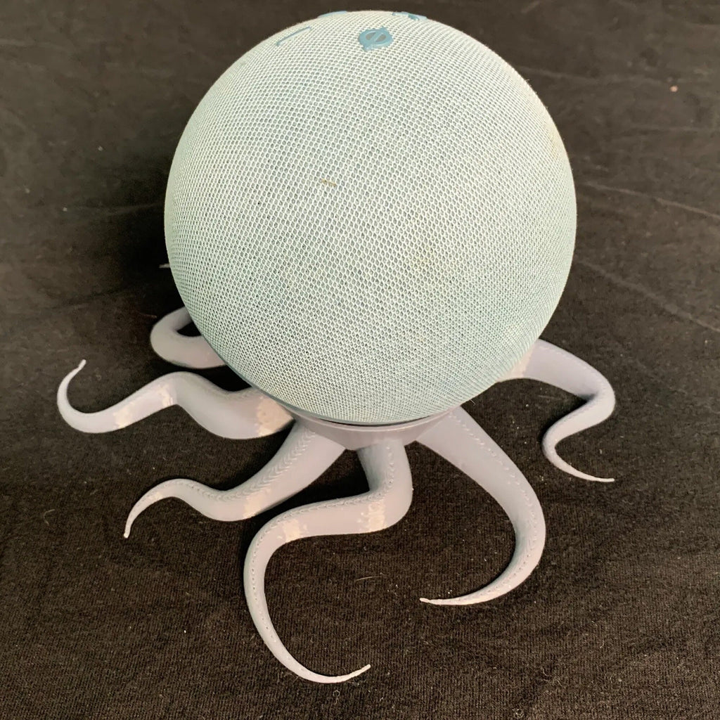 Octopus kraken stand with tentacle legs holding an Echo Dot 4th or 5th gen speaker, view 3