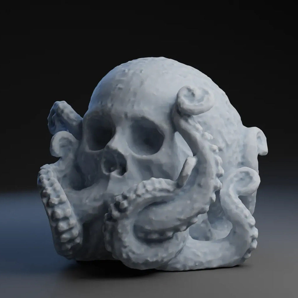 Octopus skull figurine with tentacles wrapped around a human skull