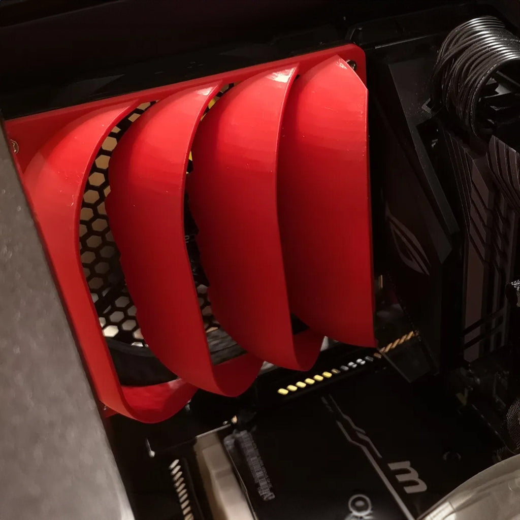 Angled PC fan deflector mounted over a 120mm or 140mm case fan, view 2