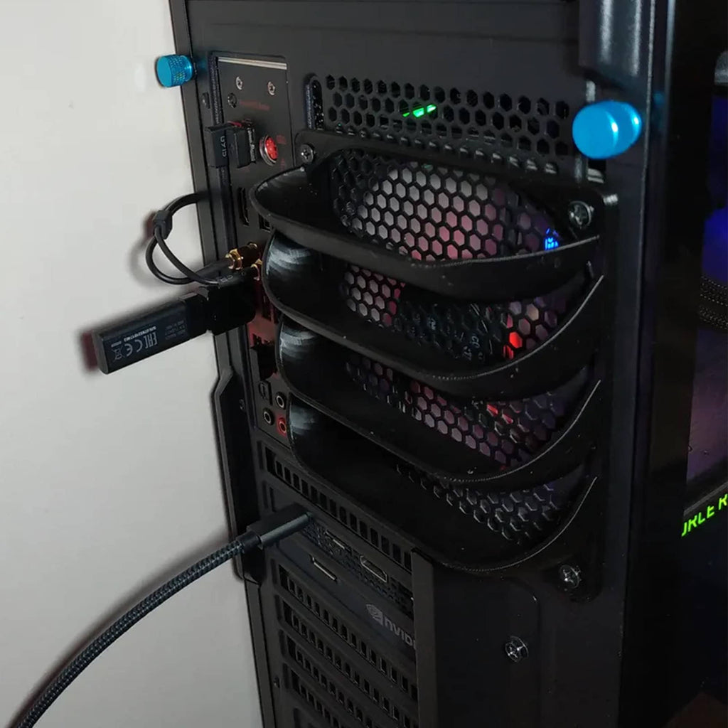 Angled PC fan deflector mounted over a 120mm or 140mm case fan, view 3
