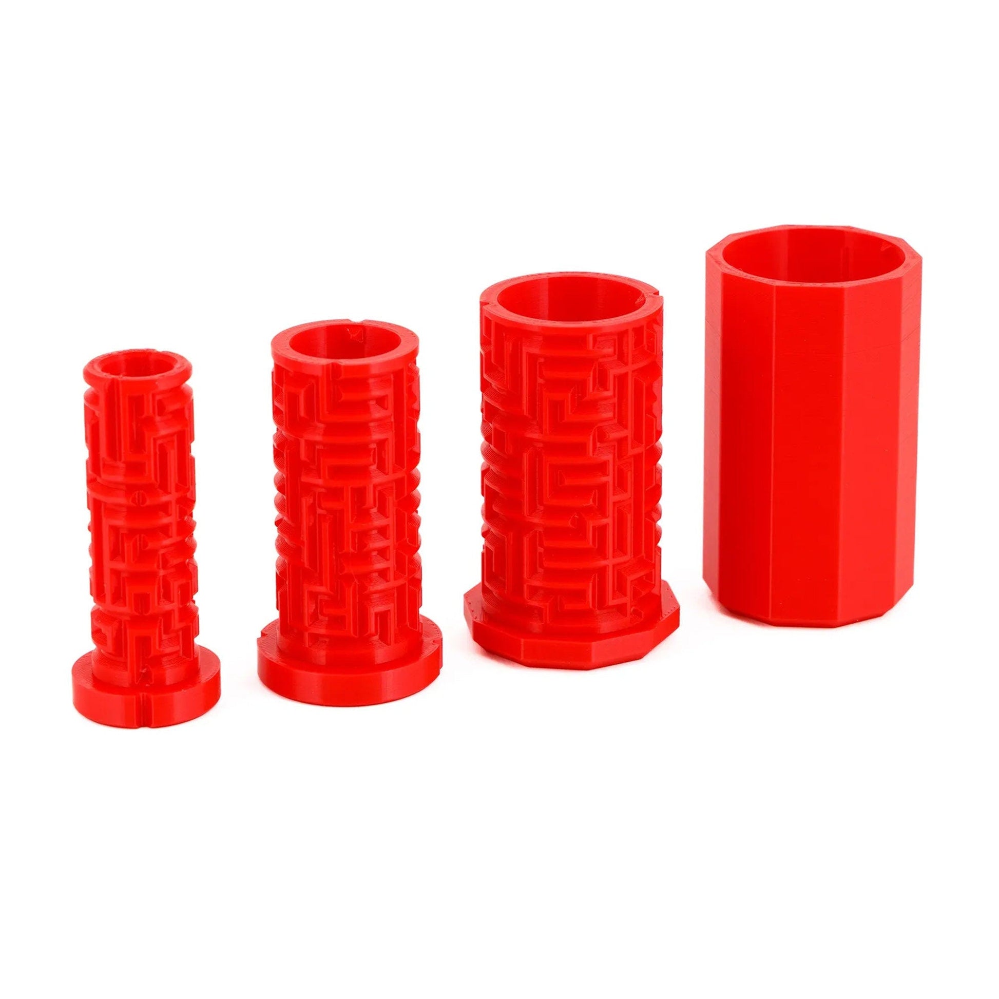 a set of three red vases sitting next to each other