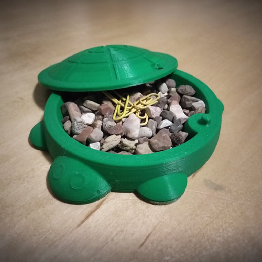 Turtle shaped desk organizer bin with a removable shell lid, view 2