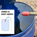 a blue trash can with a sign that says shake to start siphon