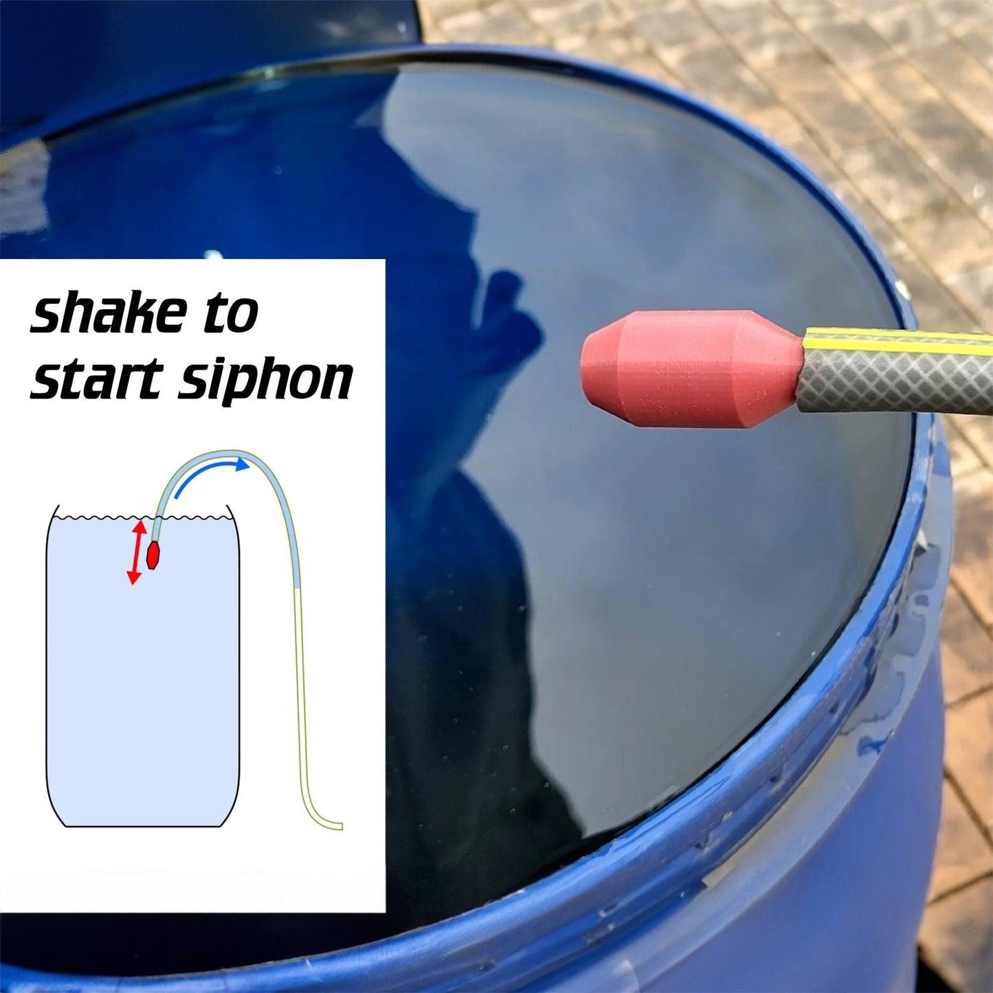 a blue trash can with a sign that says shake to start siphon