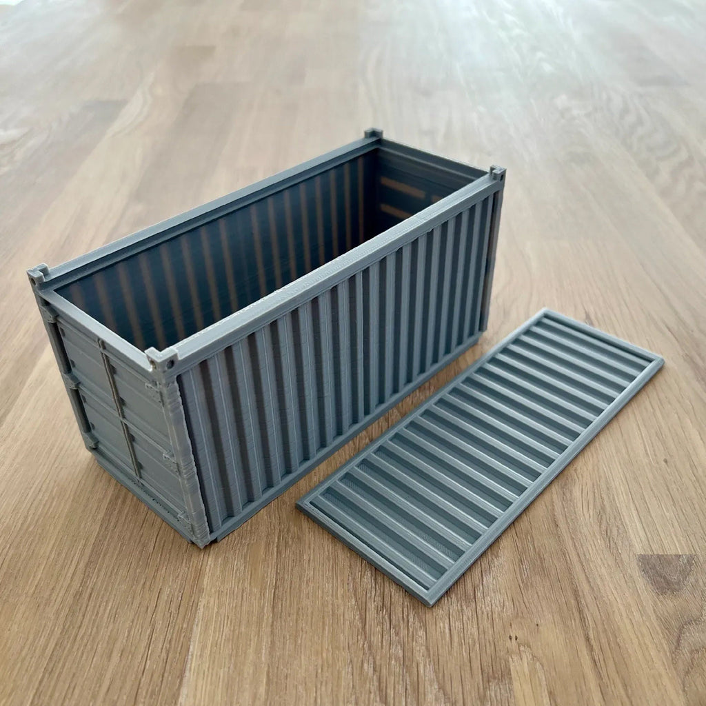 Mini shipping container desk organizer with sliding lid