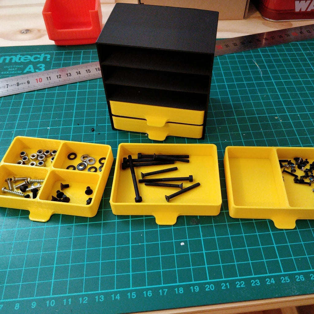 Small parts organizer cabinet with five pull-out drawer trays, view 3