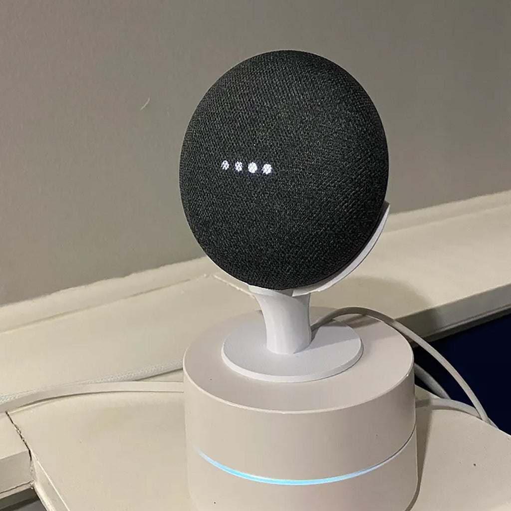 Angled pedestal stand for Google Nest Mini smart speaker, view 4