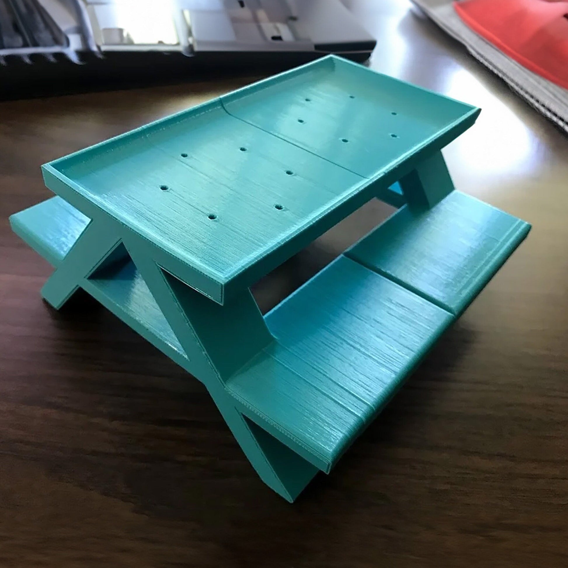 a wooden table with a shelf on top of it