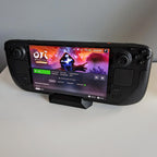 Low desk stand holding a Steam Deck handheld console upright at an angle, view 5