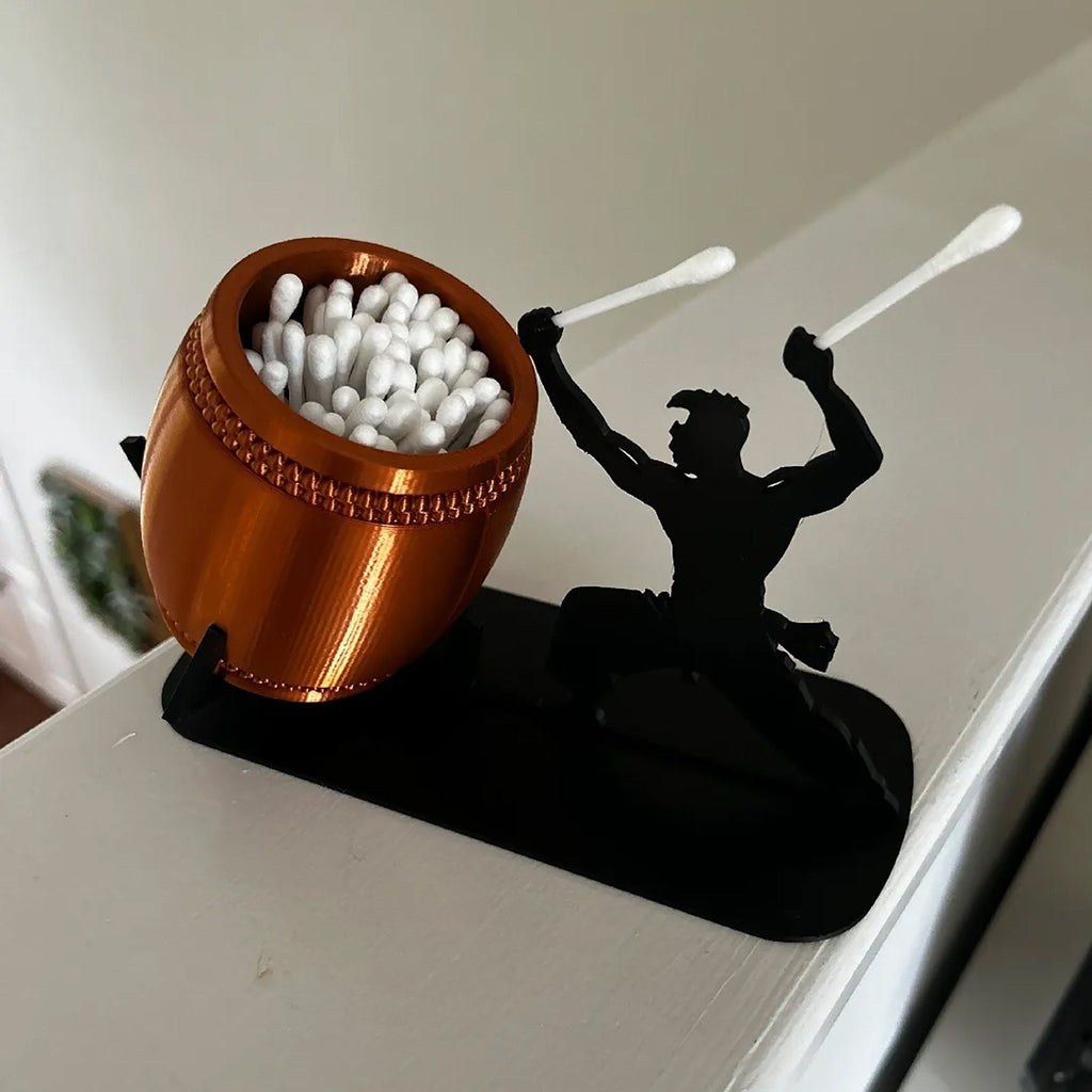 Taiko drummer cotton swab holder with drum-shaped cup and drummer figure, view 3