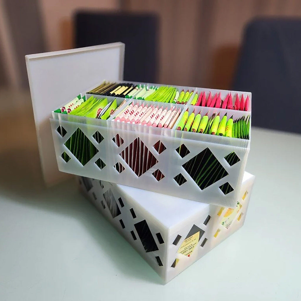Tea bag storage box with lid and divided compartments, view 2