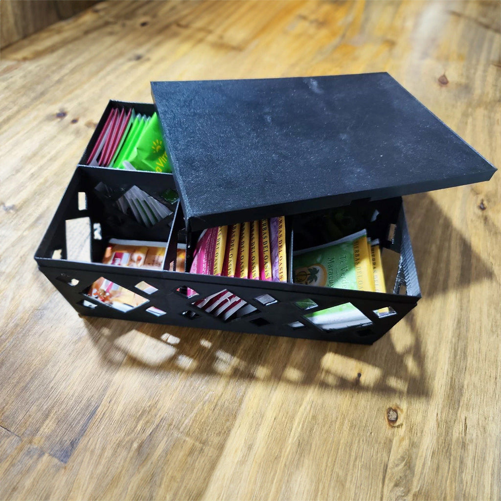 Tea bag storage box with lid and divided compartments