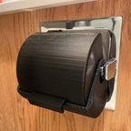 Rounded toilet paper roll cover on a wall holder protecting the roll from splashes, view 3